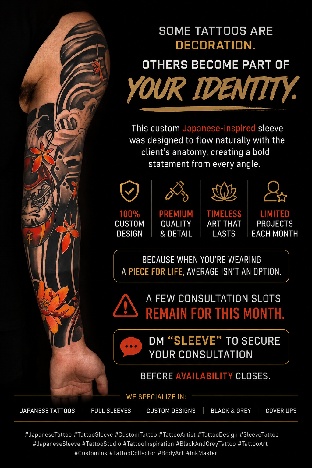 Japanese full sleeve tattoo with black ink and orange floral accents by Japhet Rosales