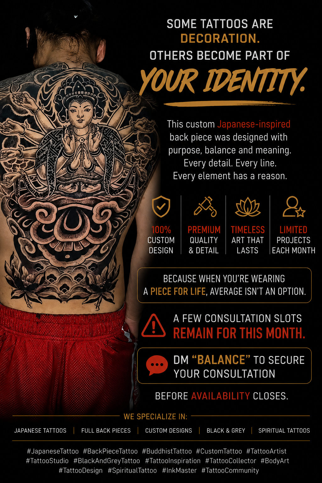 Japanese Buddha full back piece with intricate decorative elements by Japhet Rosales
