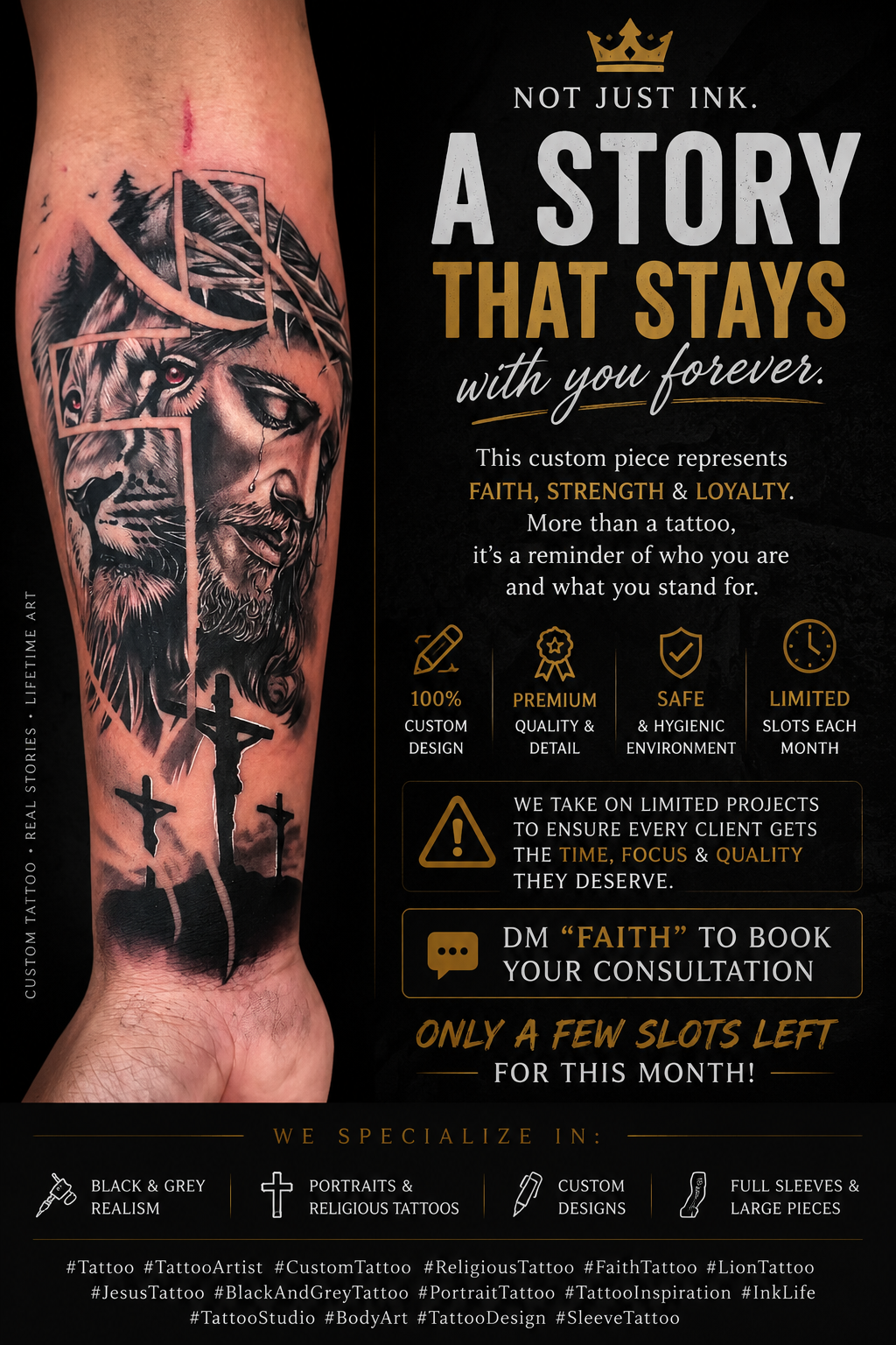 Religious forearm tattoo — faith, strength and loyalty piece by Japhet Rosales
